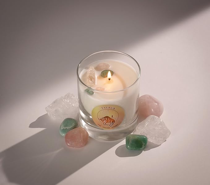 Luxury Glass Jar Candle, Taurus Zodiac Sign, 8.8 oz - Crystal Infused - Scents of Geranium, Fern, Cedar & Amber - Made in USA, Hand Poured, Coconut-Soy Wax, Essential Oil, Dr. Developed
