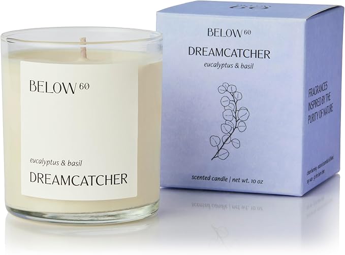 Hilary Duff’s Below 60 Scented Candle | Dreamcatcher | Essential Oil-Based Fragrance | Hand-Made with Paraffin-Free Soy Wax | 100% Cotton Wick | 50 hr Burn Time | Eucalyptus & Basil (10oz)