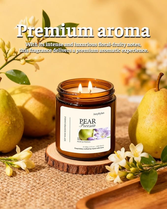 2 Wicks 17oz Large Non-Toxic Soy Wax Scented Candle, Pear & Freesia 120 Hours of Burn Time, Long Lasting Candle for Gift, Cost-Effective Candle for Home Fragrance, Aromatherapy
