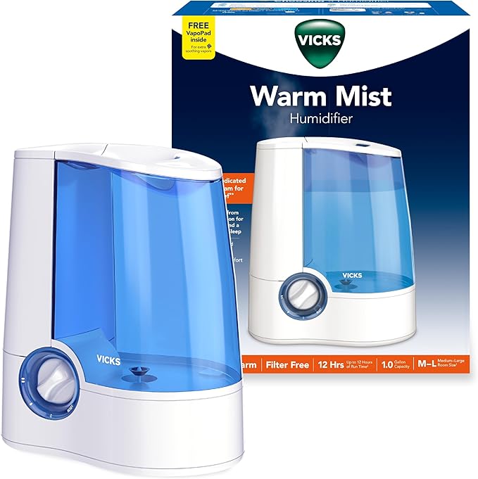 Vicks Warm Mist Humidifier Filter‑Free 1 Gal Tank, Auto Shut‑Off, Night Light, VapoPad and VapoSteam Compatible