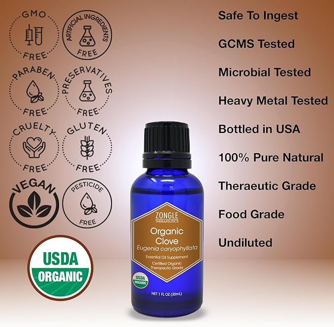 Organic, Clove Oil, Food Grade, for Teeth and Gums, Tooth Aches – 100% Pure, Clove, Bud, Essential, Oil, by Zongle Therapeutics, 1 OZ
