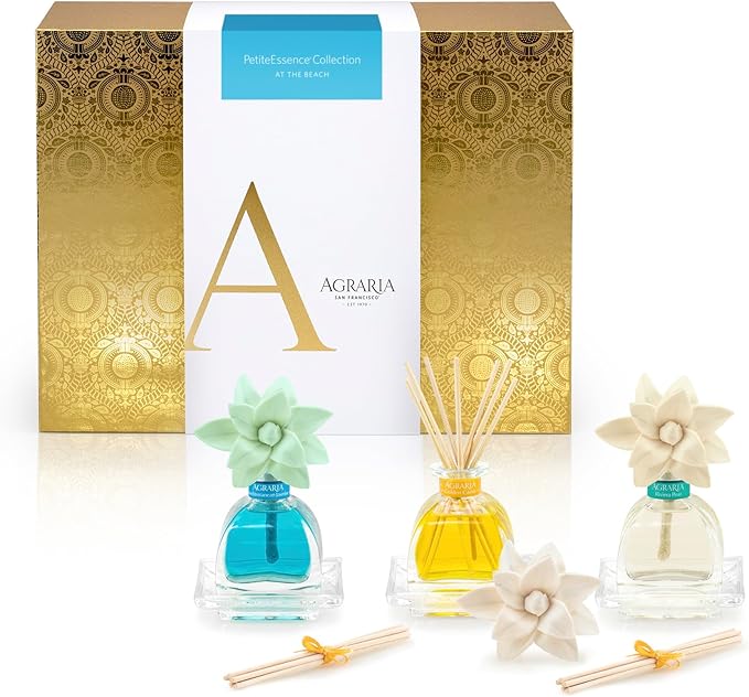 AGRARIA at The Beach PetiteEssence Collection, Handmade Sola Flower Reed Diffuser Set of 3, Luxury Home Fragrance Scented Oil Diffuser Gift Set