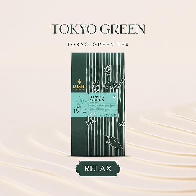 Luxmi Estates Tokyo Green Organic Green Tea (25 Tea Bags) Tea Bags For Relaxing, Calming, and Stress Relief, With Certified Organic Darjeeling Makaibari Green Tea