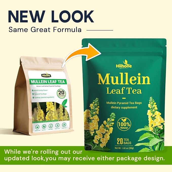 Hiihone Mullein Leaf Tea Bags for Lung Support, 20 Tea Bags, 100% Natural Herbal Tea from Mullein Leaves, Caffeine Free, No Sugar, No Additives