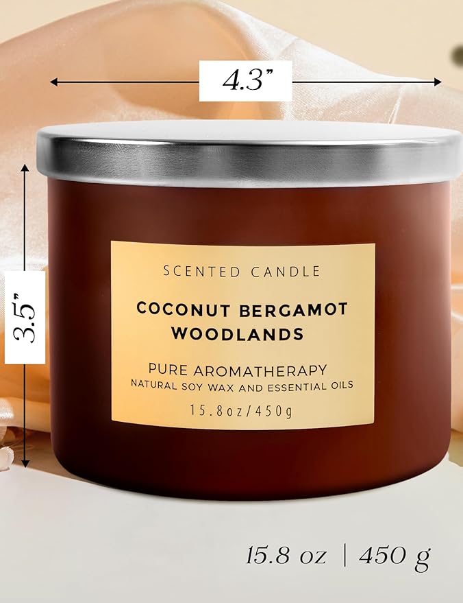 Coconut Bergamot Woodlands 3 Wick Soy Scented Candle 15.8 oz | Creamy Coconut & Balsam Woods Candle for Home | Aromatherapy Stress Relief Candle for Men & Women | Long Lasting 3 Wick Soy Candles
