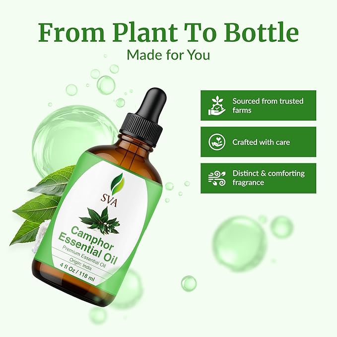 SVA Camphor Essential Oil – 4 Fl Oz – 100% Natural Camphor Oil - for Diffuser, Hair Care, Face, Skin Care, Aromatherapy, Scalp and Body Massage, Soap and Candle Making – with Dropper