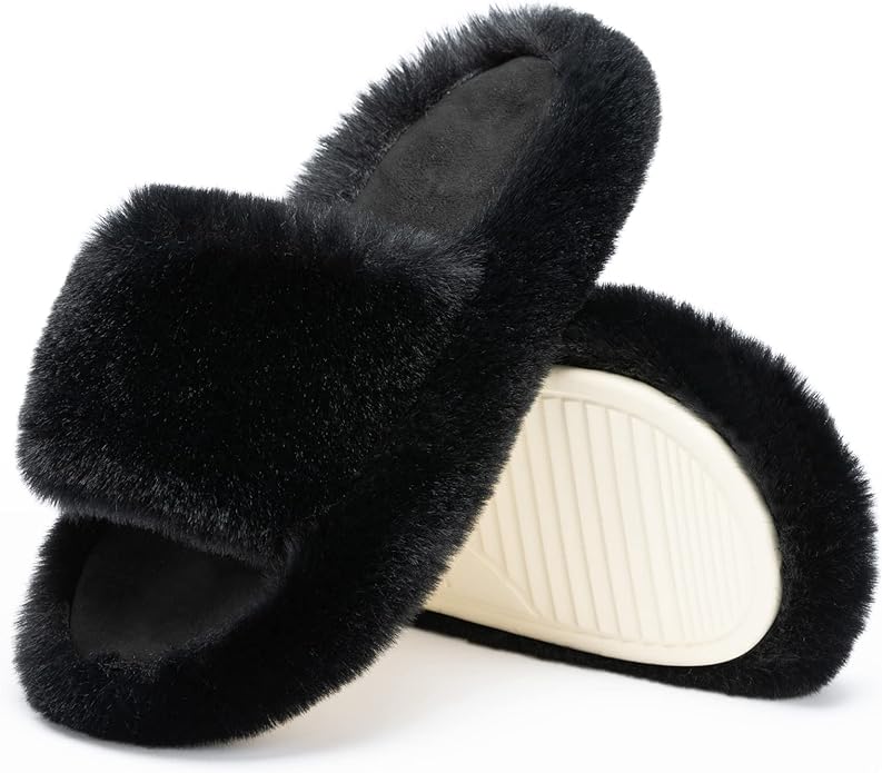 Chantomoo Women's Blue Memory Foam Faux Fur Lined Open Toe Slippers for Women - US 12