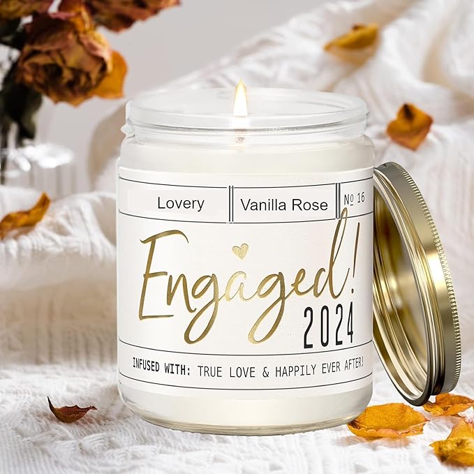 LOVERY Engagement Gift, Vanilla Rose Scented Soy Wax Candle, Engagement Gifts for Couples, Engaged 2024 Candle, Engagement Gifts for Her, Fiancé Gifts for Women, 50Hr Burn, White, Gold