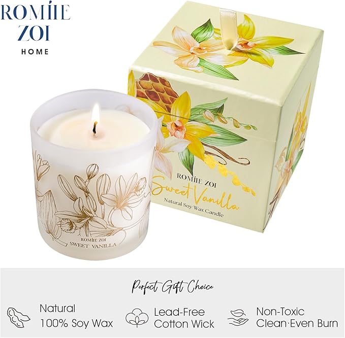 ROMIIE ZOI Scented Candle - Sweet Vanilla - 6oz Soy Wax Candle for Home, Gifts for Women
