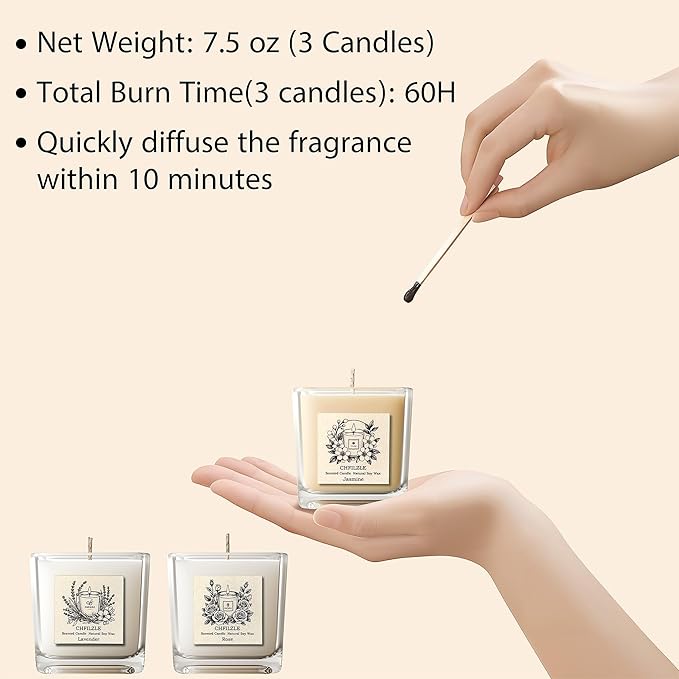 Scented Candles for Home 3 Pack - Aesthetic Clear Square Glass Soy Wax Candle (French Lavender, Rose, Jasmine) - Strong Fragrance Odor Eliminator for Bathroom, Bedroom Decor, Yoga