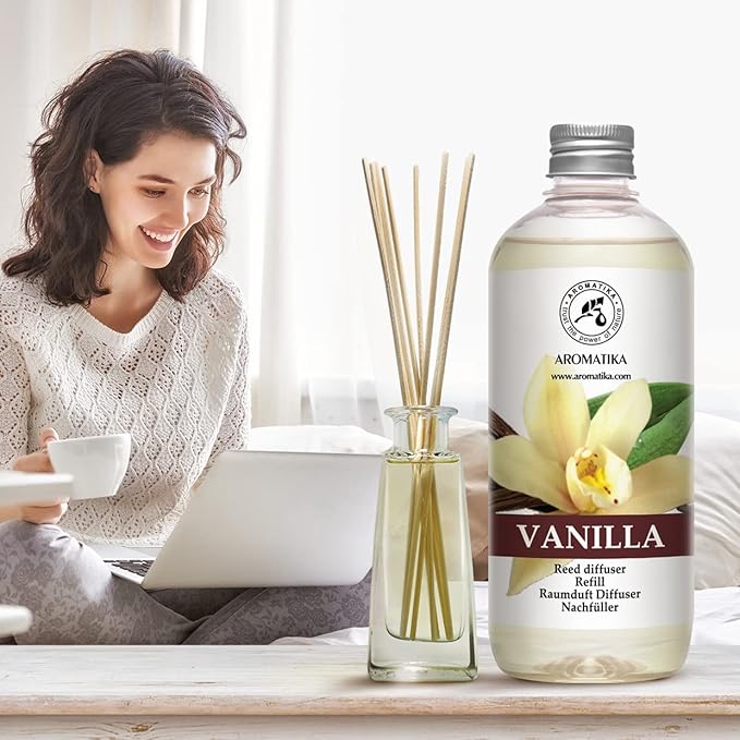 Vanilla Diffuser Refill w/Natural Essential Vanilla Oil 17 Fl Oz - Intensive - Fresh & Long Lasting Fragrance - Reed Diffuser Oil - Best for Aromatherapy - SPA - Home - Office - Fitness Club