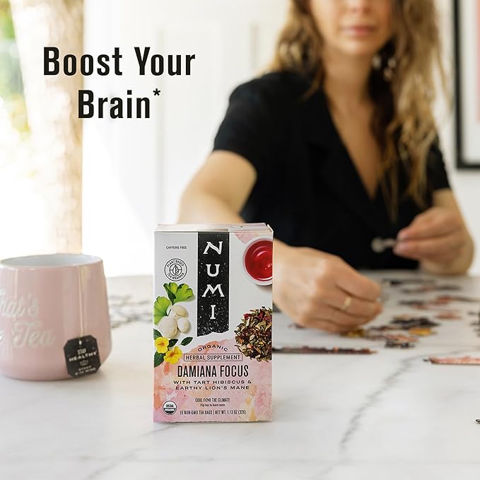 Numi Organic Damiana Focus Herbal Tea, 48 Tea Bags, Caffeine‑Free Blend with Damiana Ginkgo Lion’s Mane Hibiscus Mint Licorice & Marshmallow for Mental Clarity and Energy