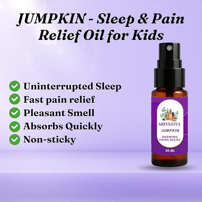 Jumpkin by Greenatva - Growing Pain Relief for Kids 50 ml (1.69 fl oz) - 100% Pure, Sleep & Massage Oil for Kids, Blend of Marjoram, Lavender, Black Pepper & Chamomile for (1-10 Ages)