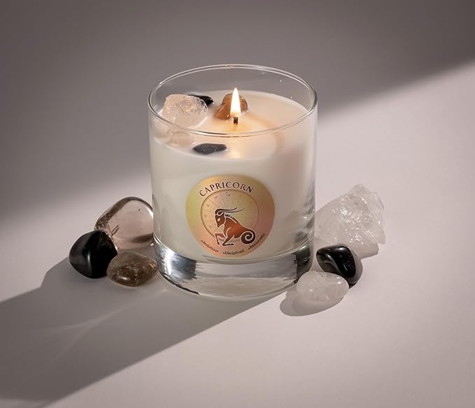 Luxury Glass Jar Candle, Capricorn Zodiac Sign, 8.8 oz - Crystal Infused - Scents of Citrus, Lavender, Spice, & Wood - USA Made, Coconut-Soy Wax, Essential Oils, Dr. Developed