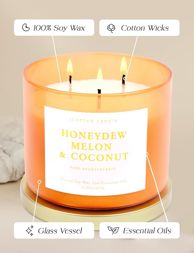 Honeydew Melon Coconut 3-Wick Soy Candle, 15.8 oz | Large Melon Coconut Fruity Scented Candle for Home | Highly Scented Aromatherapy Candle for Relaxation & Stress Relief | Gift for Women & Men