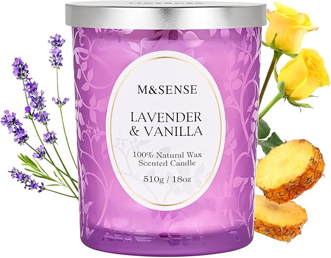 M&SENSE Lavender Vanilla Scented Candle, Cracking Wooden Wick Soy Wax, 18oz 100 Hours Long Lasting Clean Burn, Large Jar Candles for Home Decor, Non-Toxic Relaxing Aromatherapy Gifts for Women