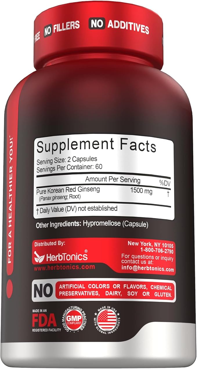 Herbtonics Korean Red Panax Ginseng 1500mg - Energy Supplement for Peak Performance, Focus & Vitality - High Potency Ginseng Root Extract - 120 Vegan Capsules