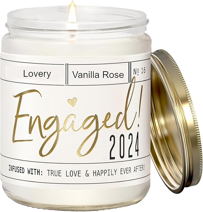 LOVERY Engagement Gift, Vanilla Rose Scented Soy Wax Candle, Engagement Gifts for Couples, Engaged 2024 Candle, Engagement Gifts for Her, Fiancé Gifts for Women, 50Hr Burn, White, Gold