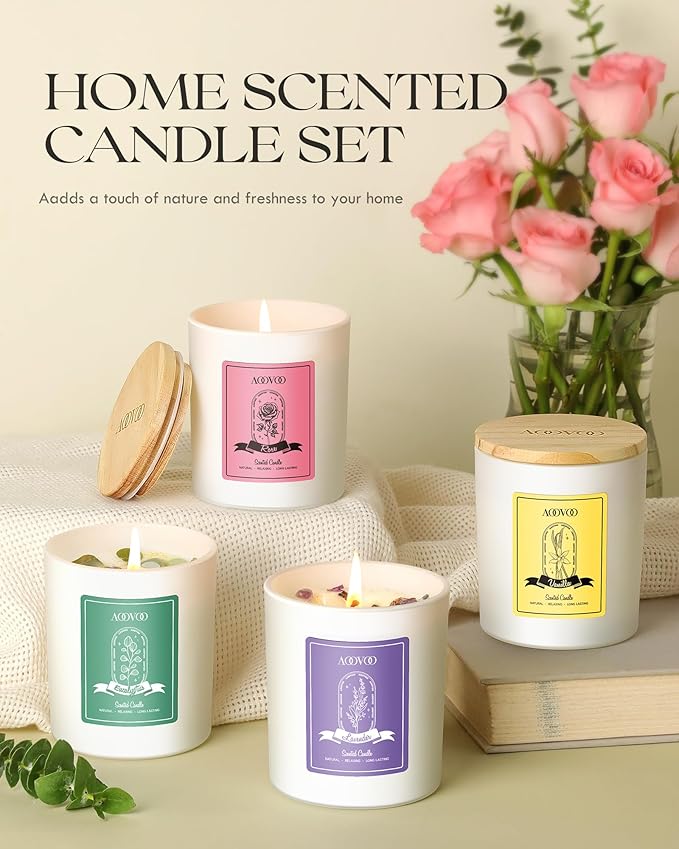 AOOVOO Rose/Vanilla/Eucalyptus/Lavender Scented Candles for Women - Aromatherapy Candle with Crystals Inside, 40oz Soy Candles for Home Scented, Birthday Gifts Christmas Candle for Women Mom