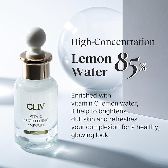 CLIV Vita C Brightening Ampoule Facial Serum | 85% Lemon Water | Skin Dullness Treatment | Vitamin Skincare |Skin Refreshing Serum | Korean Skincare (1.01 fl oz, 30ml)