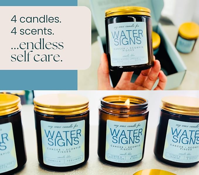 Pisces, Cancer, Scorpio Gifts for Women - Wood Wick Candles, 4 Pack Small Scented Candles Set for Women. 6oz Natural Soy Wax, Aromatherapy Set for Home. Zodiac Astrology Birthday Spiritual Gifts