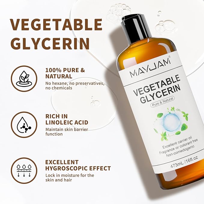 MAYJAM 100% Natural & Pure Vegetable Glycerine, 16 fl. oz. Vegetable Glycerin Liquid Body Oil for Skin, Face, Hair Care, Massage Oil for Moisturizing and Hair Benefits, Carrier Oil for Essential Oils