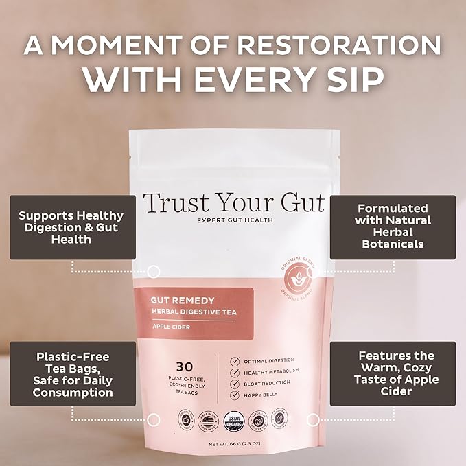 Trust Your Gut Organic Herbal Tea Blend – Lemon Balm, Holy Basil, Dandelion & Ginger Root – Supports Healthy Digestion & Gut Balance – Apple Cider, 30 Bags