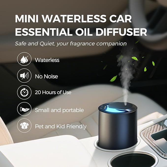 Mini Waterless Car Essential Oil Diffuser for Homes, Offices, Spas and Hotels， Black Finish -Aromatherapy Oil Diffuser for Aesthetic Scent,15ml Capacity - LED Light,Pet and Child-friendly,Quiet