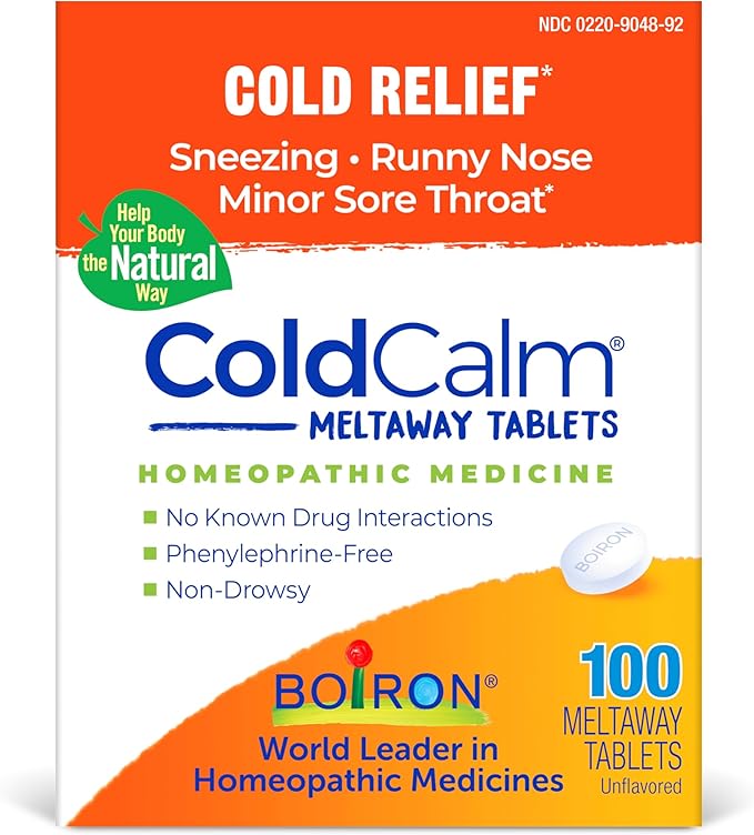 Boiron ColdCalm Tabs - 100 Count for Relief of Common Cold Symptoms Such as Sneezing, Runny Nose, Sore Throat, and Nasal Congestion - Non-Drowsy Cold Calm Meltaway Tablets