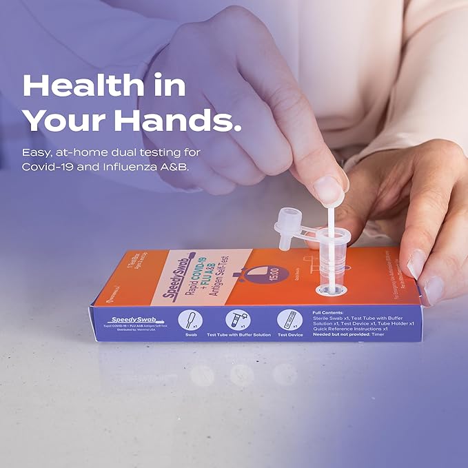 SpeedySwab COVID-19 and Flu A&B, 3-in-1 Antigen Rapid Combo Test, Results in 15 Minutes, FDA Authorized, At-Home Flu and COVID Test Kit, Easy to Use Nasal Swab (1 Pack)
