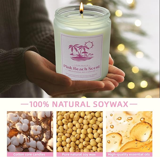 Pink Beach Scented Candle, 9 oz Natural Soy Candles for Home Scented, 50 Hour Burn Time, Home Decor Gift for Women, Friends, Family