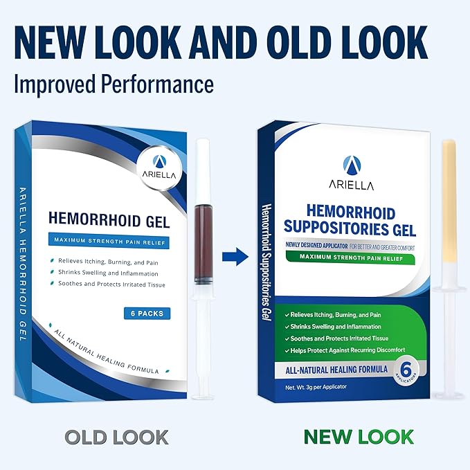 Ariella Hemorrhoid Treatment Suppository Gel: 6 Count - Natural & Herbal - Relieve Itching Burning Discomfort - Internal Relief - New Rounded Applicator - Nighttime Use