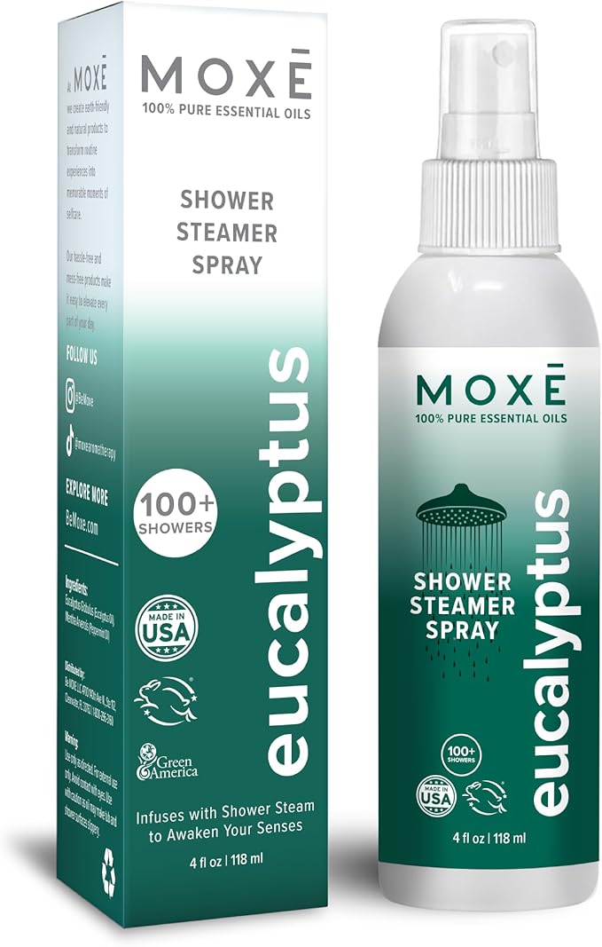 MOXĒ Eucalyptus Oil Shower Mist, Spa Steam Spray, Certified Natural 100% Essential Oils, Made in USA, Aromatherapy, Sinus Congestion Relief, Tension Relief, 4 Ounces