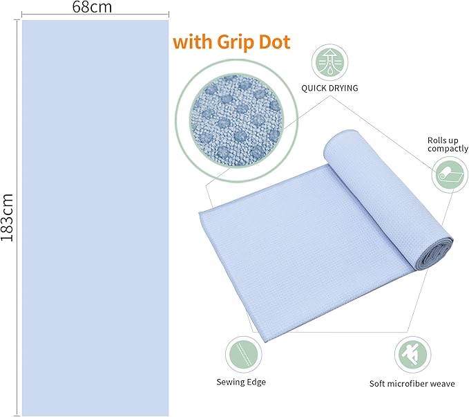 CYCLXY 2 Pack Hot Yoga Towel with Grip Dot，Stickyfiber Yoga Mat Towels Non Slip for Hot Yoga,Absorbent Microfiber Sweat Anti-Slip Cover,Bikram,Pilates,Exercise,Fitness