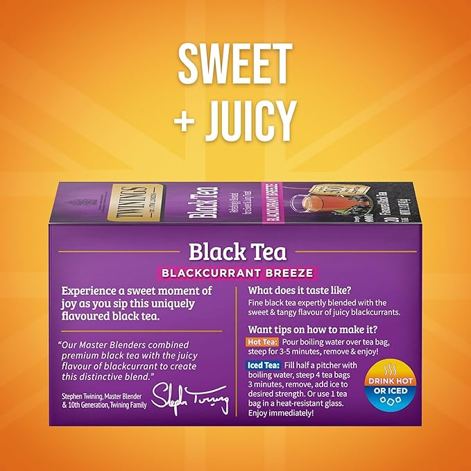 Twinings Blackcurrant Breeze Black Tea Individually Wrapped Bags, 20 Count (Pack of 1), Sweet, Tangy Taste, Caffeinated, Enjoy Hot or Iced, 20 Teabags