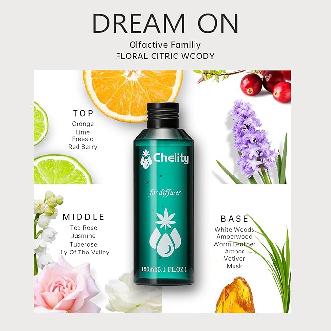 Chelity Hotel Diffuser Oil,5.1Fl Oz (150ml),Home Luxury Aroma & Hotel Fragrance Diffuser Oils-Hotel Diffuser Oil for Aromatherapy, Compatible with Waterless Ultrasonic Diffusers(5.1, Dream ON)