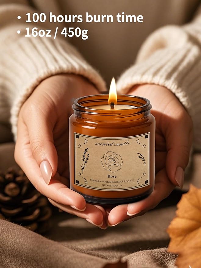 Scented Candles Gift, 16oz Large Jar Scented Candle – Rose Soy Wax Candle with 100 Hour Burn Time, Long Lasting Aromatherapy Candle for Romantic Home Fragrance, Bedroom Décor & Gift for Her/Him