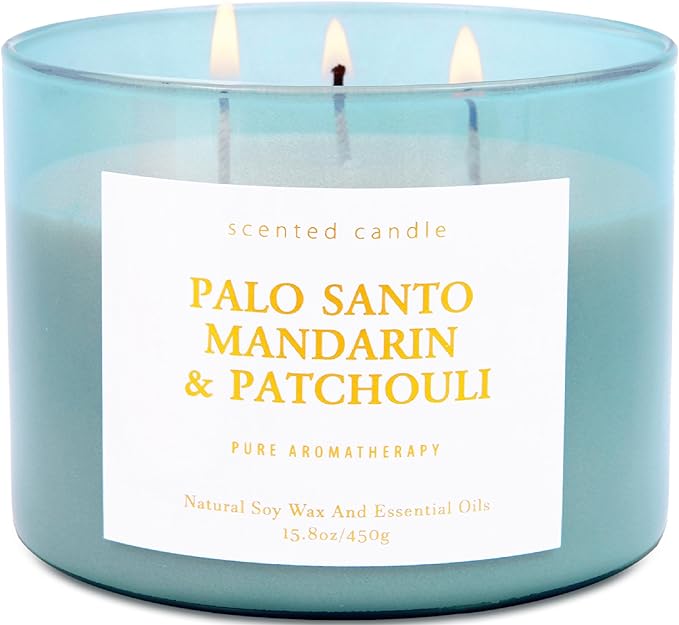 Palo Santo Mandarin Patchouli 3 Wick Candle - Large Soy Scented Candle 15.8 oz - Calming Home Aromatherapy Candle for Women & Men - Long Lasting Clean Burn - Stress Relief Candle