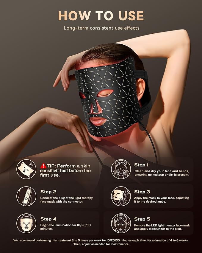 LED Light Therapy Mask Skin Care Mask, LED Red 630±5nm & NIR 830nm Wavelength for Home Use (Grid gold)