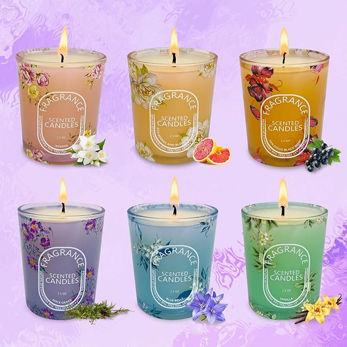 Scented Candles Gift Set of 6 Pack, 6 Scented Bluebells, Jasmine, San Diego Black Berries, Vetiver, Vanilla, Goji Berry & Blood Orange, Long Lasting Soy Wax Aromatherapy Candle Set