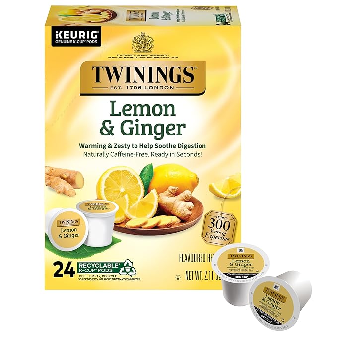 Twinings Lemon & Ginger Herbal Tea K-Cup Pods for Keurig, 24 Count (Pack of 1), Tangy & Spicy, Naturally Caffeine-Free, Enjoy Hot or Iced