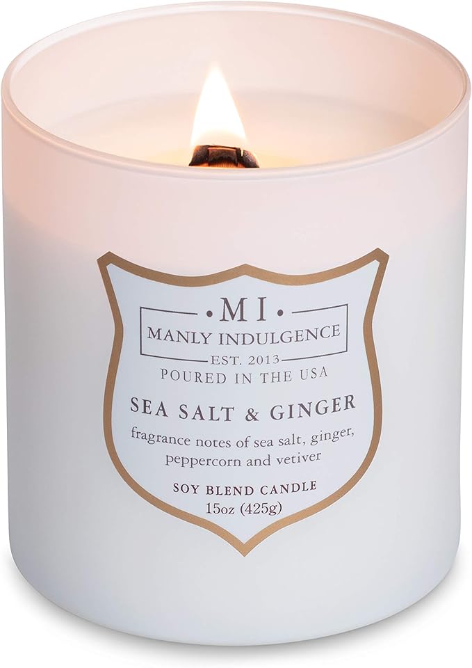 Manly Indulgence Sea Salt & Ginger Scented Candles for Men, 15 oz Wooden Wick, Premium Soy Blend Wax, 60H Burn, Candles for Home Scented - Made in The USA