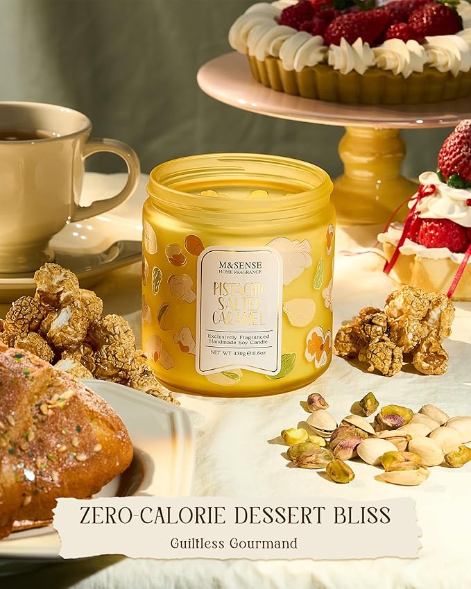M&SENSE Pistachio Caramel Scented Candle, 11.6oz Natural Soy Wax Non Toxic, 2 Wick Jar Candle, Up to 70 Hours Clean Burn, Housewarming Gift for Women, Nutty Sweet Aroma for Home Office Comfort