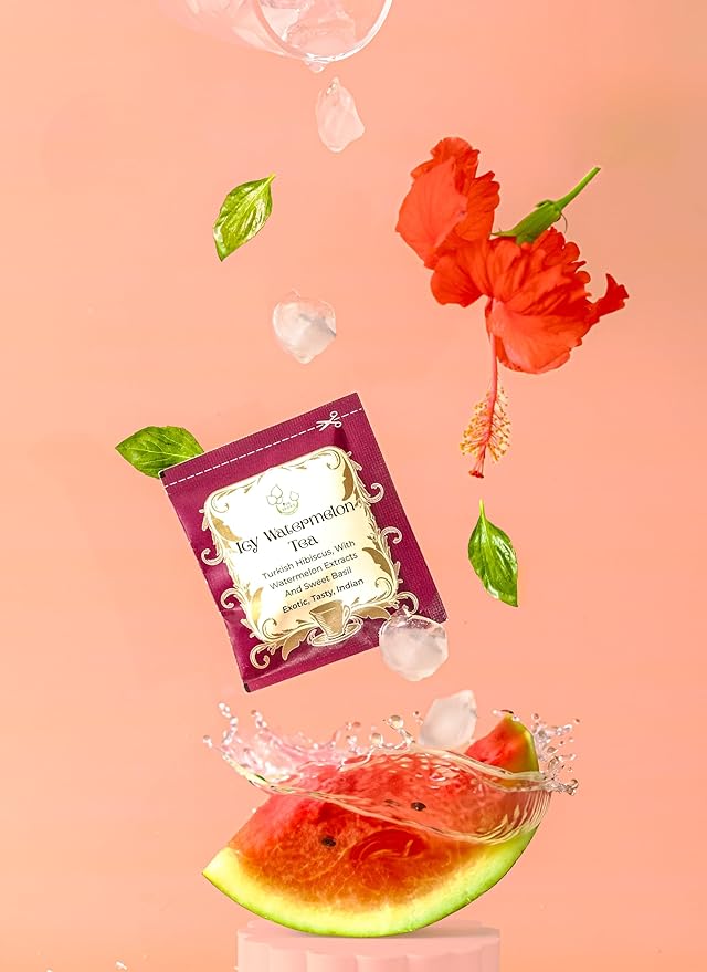 THE VEDAS Icy Watermelon Tea | Herbal Tea with Hibiscus & Sweet Basil - Caffeine Free Herbal Tea - Enjoy Hot or Iced | Biodegradable Cotton Teabags | 20 Tea Bags (Pack of 1)