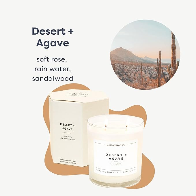 Calyan Wax Co. Desert & Agave 2 Wick Scented Candle - 37 Hour Burn - Luxury Non Toxic Soy Wax Candles - Long Lasting Large Glass Jar Candle for Home - 8.8oz