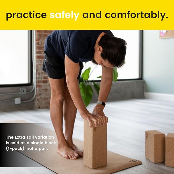 Premium Cork Yoga Blocks - Extra Large Yoga Block 2-Pack or Extra Tall 1-Pack for Inflexible Yogis | Natural, High-Density Cork for Superior Support & Stability | Optional Yoga Strap & Gift Box