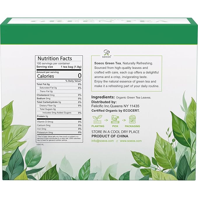 Soeos Organic Green Tea, 6.3 oz (180g), 100 Tea Bags, Refreshing and Fragrant, Sustainably Sourced, Ideal for Hot or Iced Tea, Long-Lasting Freshness