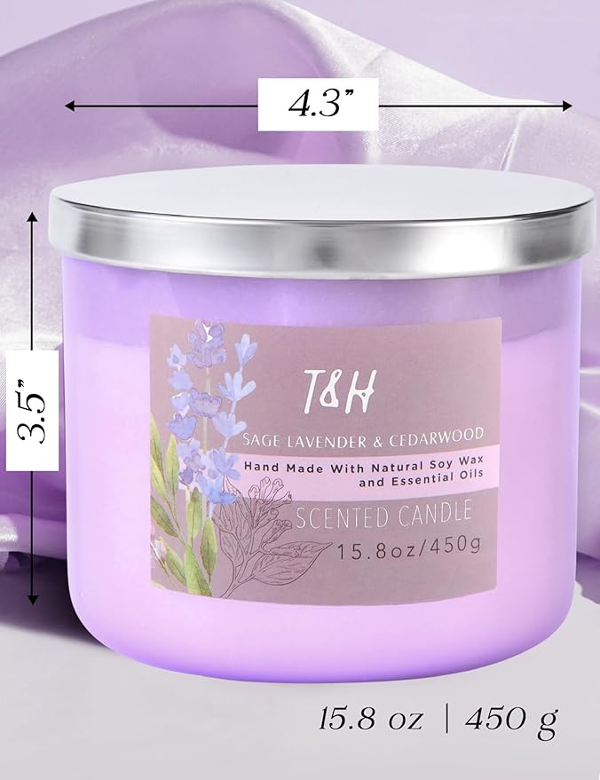 Sage Lavender Cedarwood 3 Wick Scented Soy Candle, 15.8 oz - Aromatherapy Stress Relief Candle - Clean Burning, Long Lasting, Earthy Scented Candle for Home, Men & Women