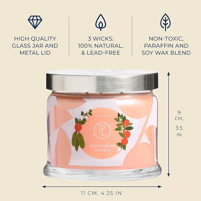 PartyLite Wild Rhubarb & Citrus Scented, Notes of Jasmine, Rhubarb and Creamy Sandalwood and White Musk, 13.2oz 3-Wick Jar Candle, 45 Hour Burn Time, Luxurious Fragrance, Ideal for Gifting