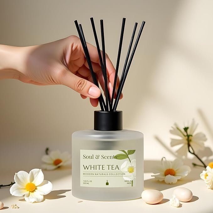 Soul & Scents Reed Diffuser Set – White Tea | 7.43 oz Refillable Scented Oil with 6 Fiber Sticks | Long-Lasting Home Fragrance & Air Freshener for Bedroom, Bathroom, Office | Gift & Décor Piece